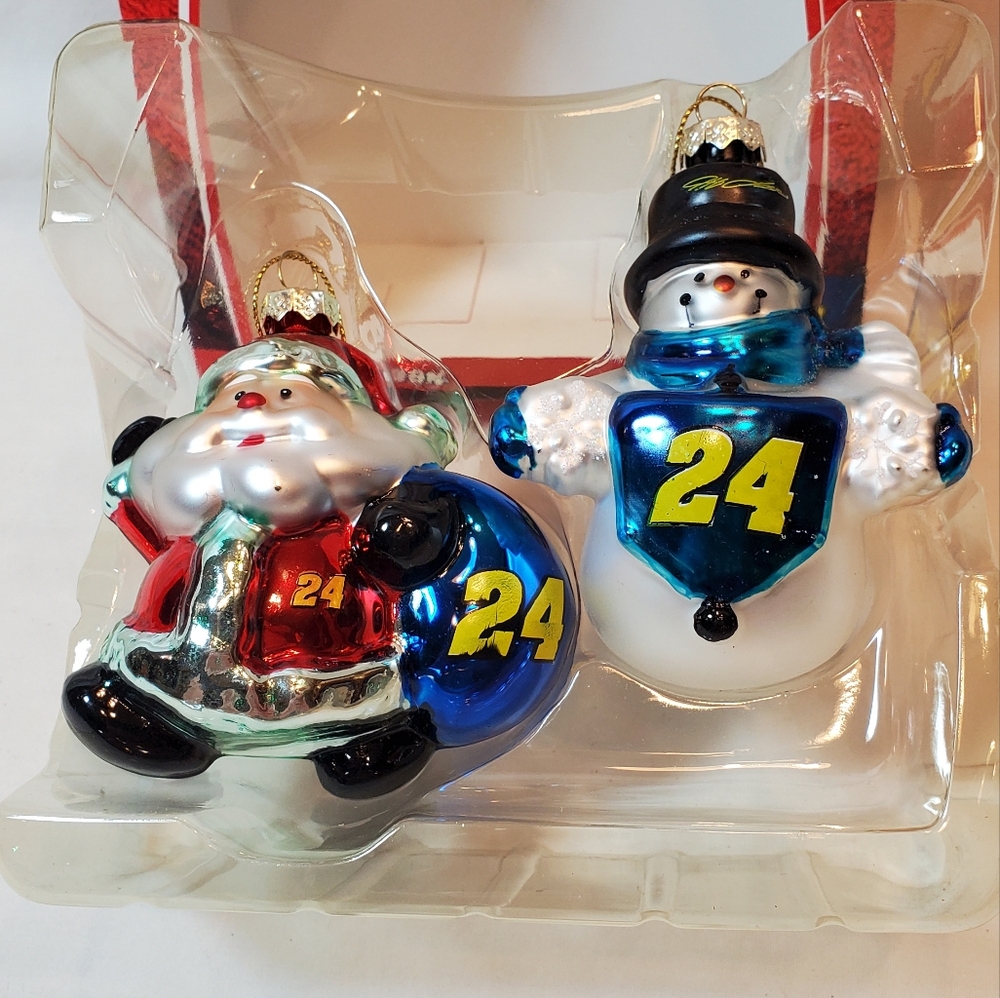 Jeff Gordon #24 Vtg 2007 NASCAR Hand Blown Glass Santa Snowman Ornament Set EUC